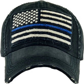 Patriotic Blue Line Law Enforcement Police Flag Distressed Adjustable Black Dad Hat